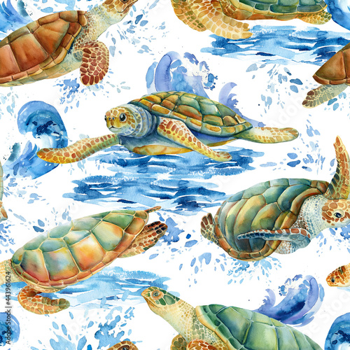 Sea turtles watercolor, nature background, seamless pattern