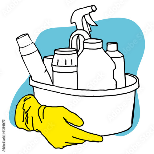 Vector illustration doodle basin detergent bottles glove plastic line.