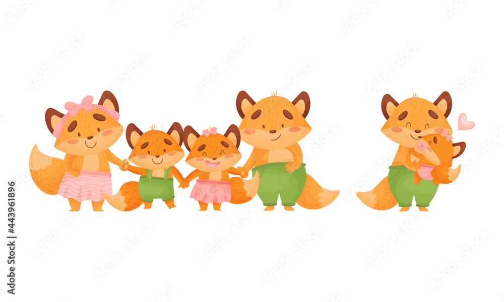 Happy Fox Family with Mother and Father Loving Their Little Cub Holding Hands Vector Set Happy Fox Family with Mother and Father Loving Their Little Cub Holding Hands Vector Set