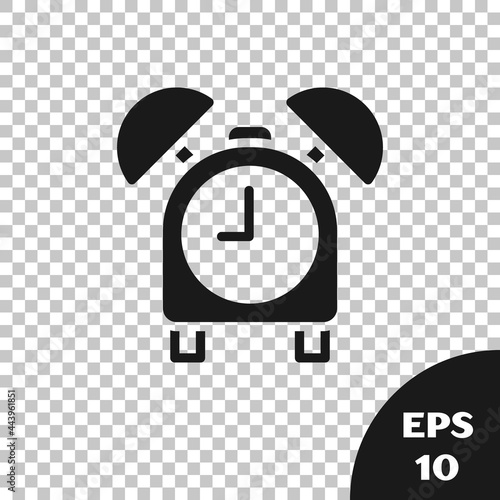 Black Alarm clock icon isolated on transparent background. Wake up, get up concept. Time sign. Vector