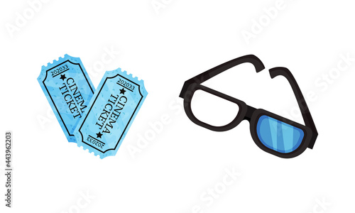  inematography as Motion-picture and Film Symbols with Tickets and 3D Glasses Vector Set photo