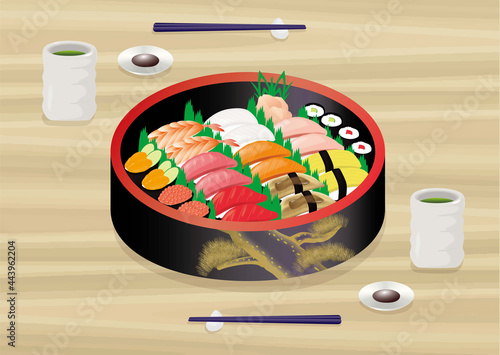 寿司の桶(2人前、お箸、お茶、醤油付き)
