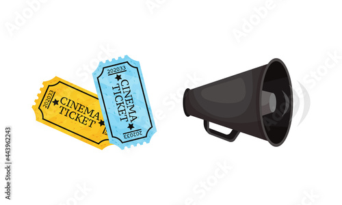  inematography as Motion-picture and Film Symbols with Tickets and Megaphone Vector Set photo