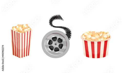  inematography as Motion-picture and Film Symbols with Popcorn Bucket and Reel Vector Set photo
