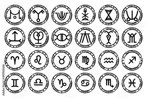 24 Zodiac symbols. Low and high Zodiac circles. Round stamps set on white background