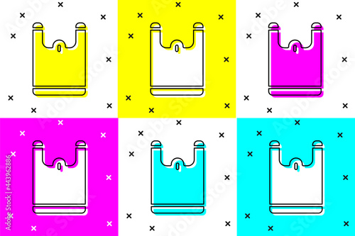 Set Plastic bag icon isolated on color background. Disposable cellophane and polythene package prohibition sign. Vector