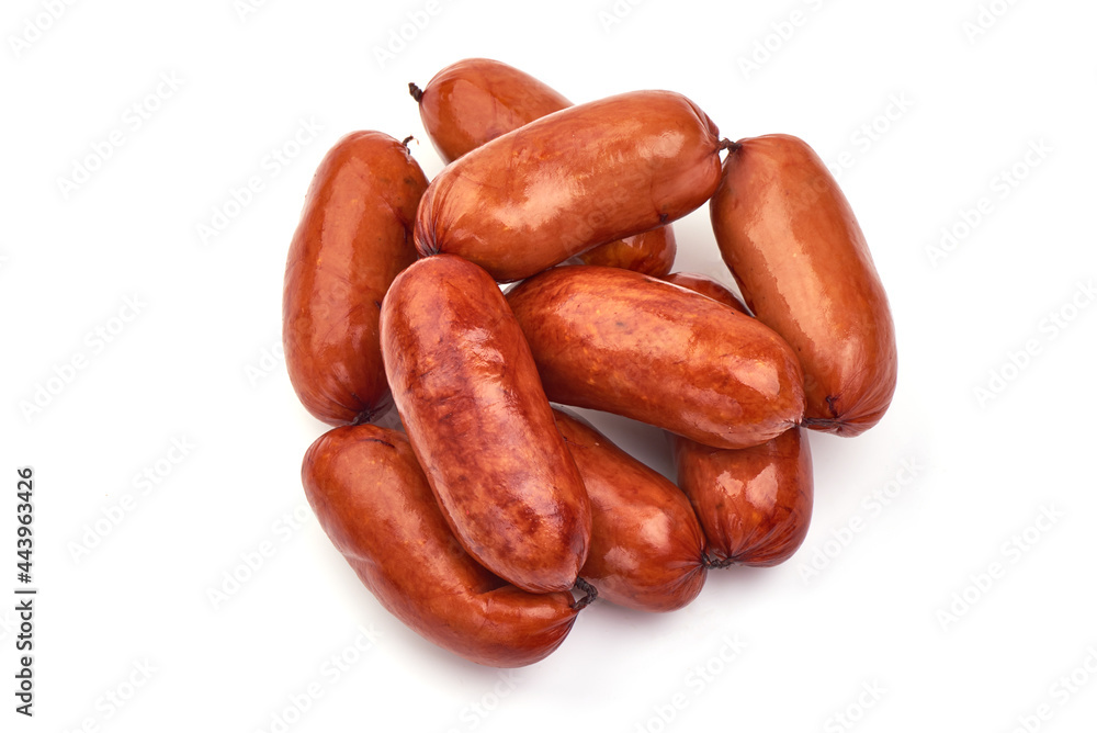 Smoked pork sausages, isolated on white background.