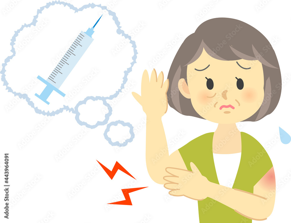 イラスト素材：シニア女性が新型コロナウイルスワクチン接種の注射後の副反応症状シリーズ　関節痛
