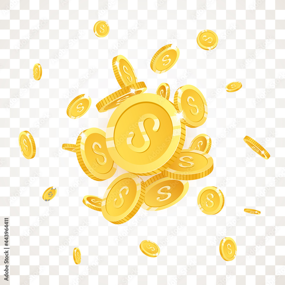 Gold coins explosion banner, isolated on transparent background