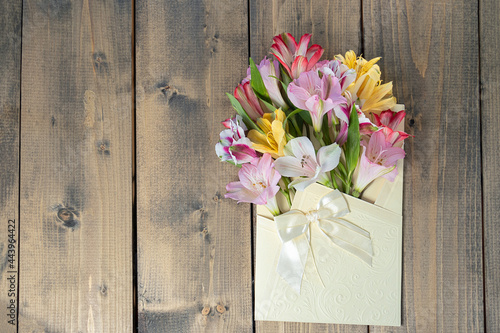multicolored flowers in envelope with copy space. multicolored alstroemerias, pink, yellow, purple, and red alstroemerias in greeting envelope with bow. concept congratulation or holiday. photo