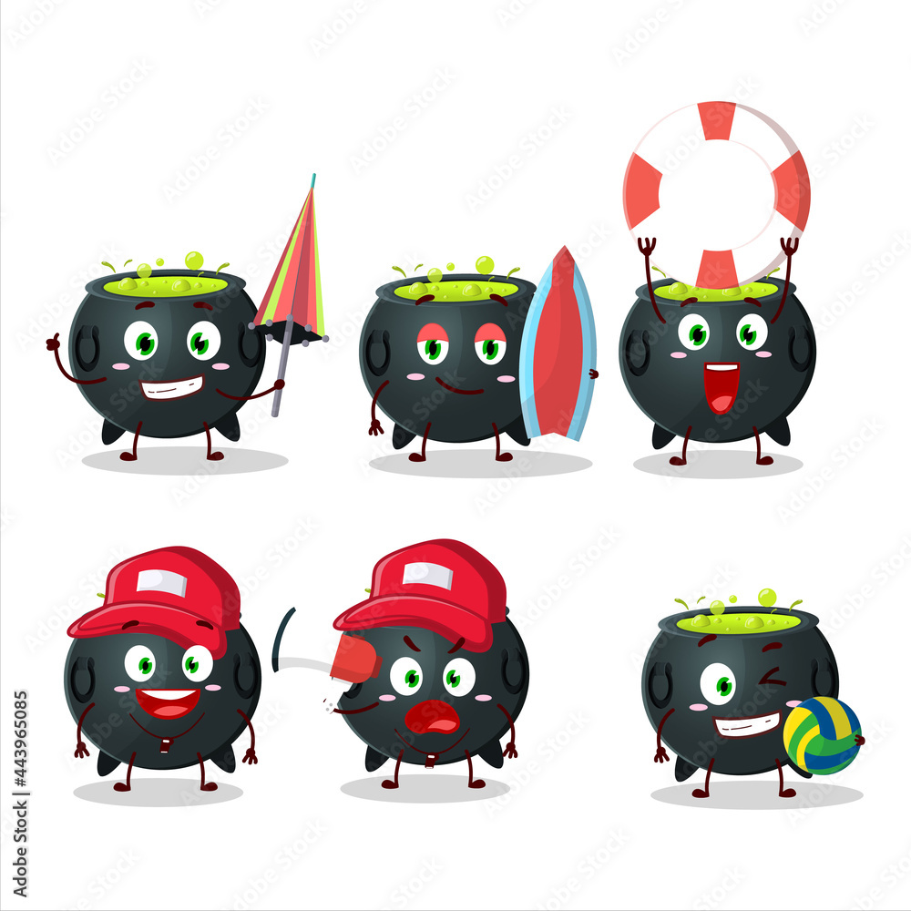 Happy Face witch cauldron cartoon character playing on a beach Happy Face witch cauldron cartoon character playing on a beach