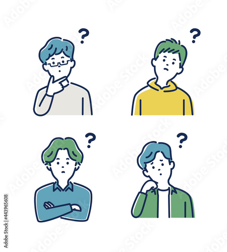 若い男性の考える表情とジェスチャーのイラスト素材セット