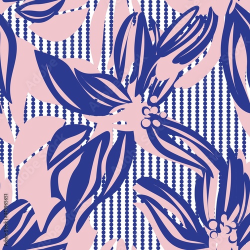 Pink Navy Floral Seamless Pattern with striped Background