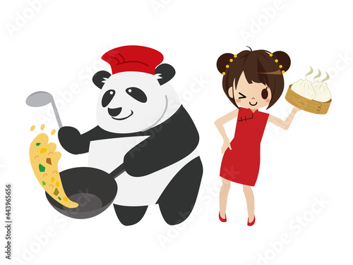 パンダとチャイナ服を着た女性