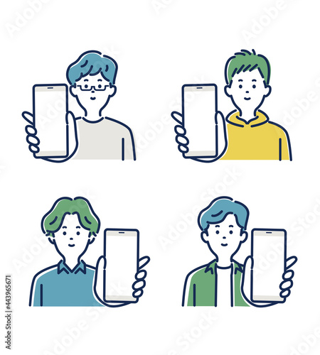 スマホを持つ若い男性の表情とジェスチャーのイラスト素材セット
