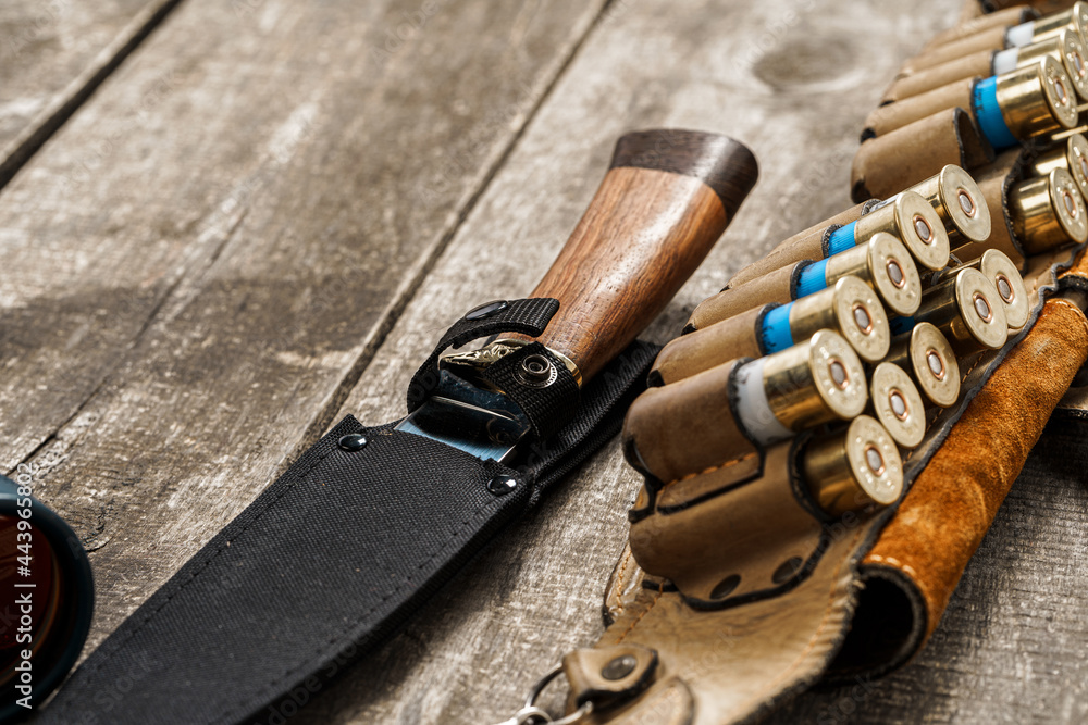 Various hunting equipment on old wooden background