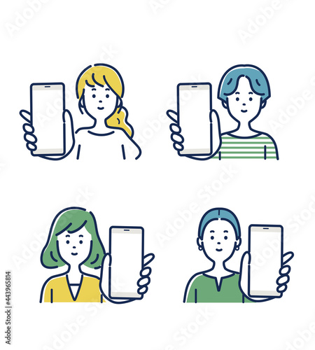 スマホを持つ若い女性の表情とジェスチャーのイラスト素材セット