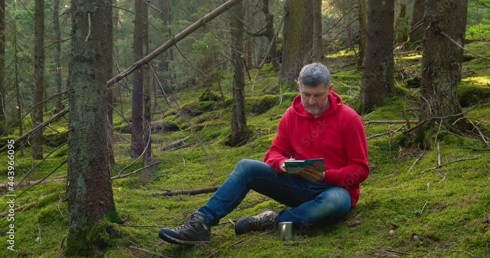 A bearded man sits on the moss and reads a book A bearded man sits on the moss and reads a book