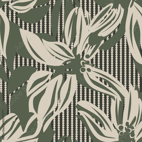 Green Floral Seamless Pattern with striped Background