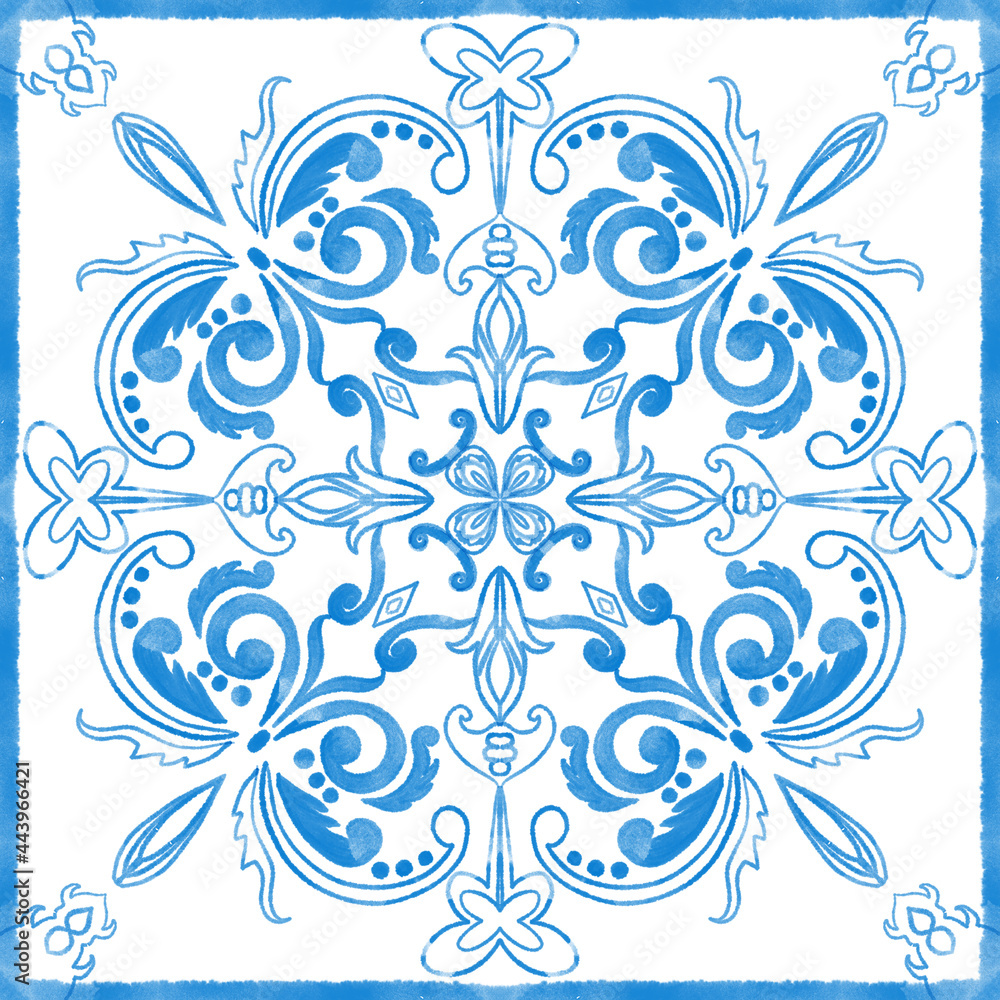 Azulejo tile pattern, Portuguese Spanish Italian traditional mosaic, Mediterranean elegance blue design illustration Azulejo tile pattern, Portuguese Spanish Italian traditional mosaic, Mediterranean elegance blue design illustration