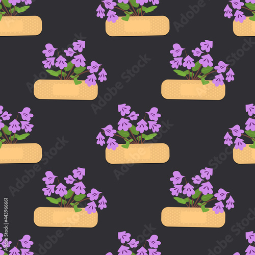 Seamless pattern with sticking plasters and purple flowers. Medical patch repeat texture. On black background. Stock vector illustration.