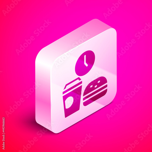 Isometric Fast food time icon isolated on pink background. Silver square button. Vector