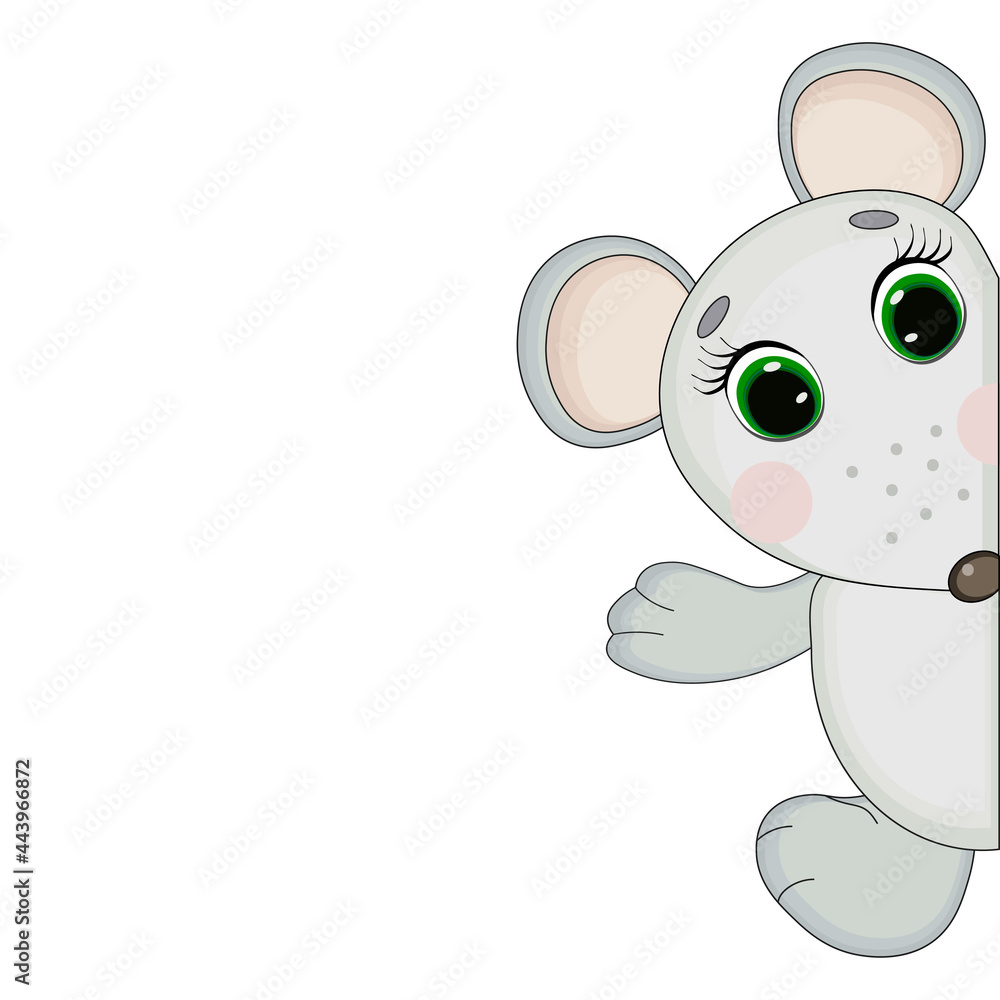 Fototapeta premium Cute cartoon an animal mouse hiding blank. Perfect for greeting cards, party invitations, posters, stickers, pin, scrapbooking, icons.