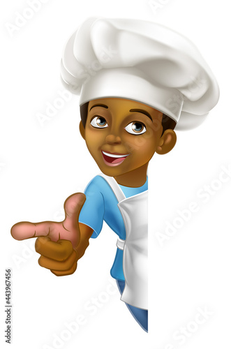 Black Boy Cartoon Child Chef Kid Sign Pointing