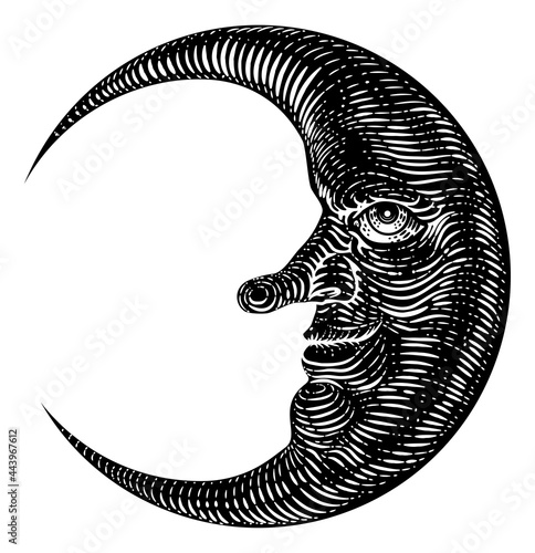 Moon Face Woodcut Drawing R...