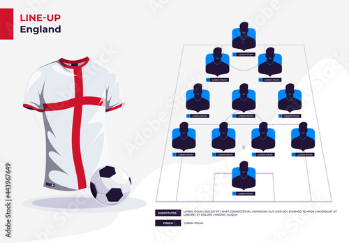 Vector illustration of the presentation template for the starting line-up of the England national football team