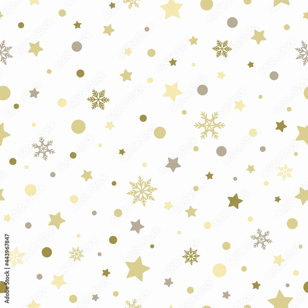 Seamless pattern with golden stars, dots and snowflakes on white background. Vector illustration. Seamless pattern with golden stars, dots and snowflakes on white background. Vector illustration.