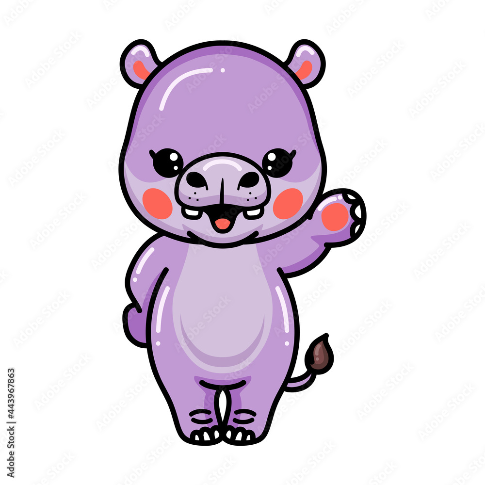 Naklejka premium Cute baby hippo cartoon waving hand