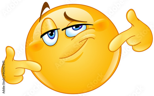 Emoji emoticon proud of himself, pointing oneself with fingers happy.