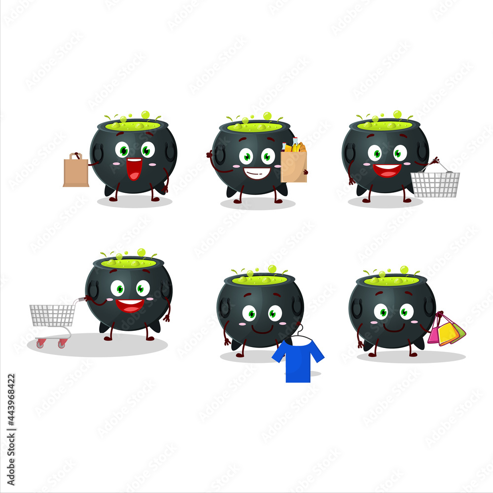 A Rich witch cauldron mascot design style going shopping A Rich witch cauldron mascot design style going shopping