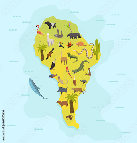 Animal map of south america. Nature fauna cartography concept . Geographical map with local fauna. Continent with mammals and sea life. Vector illustration in kids style