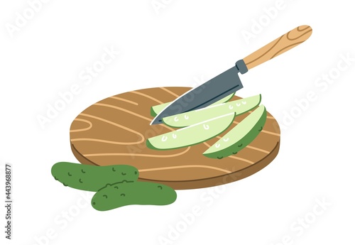 Sharp knife cutting vegetable into pieces. Splitting cucumber into quarters on wooden kitchen board. Food preparation for cooking. Flat vector illustration of veggie isolated on white background