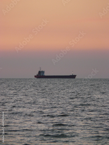 The ships are in the roadstead, awaiting unloading at the port. Cargo ship against the backdrop of the sunset sky. © Илья Юрукин