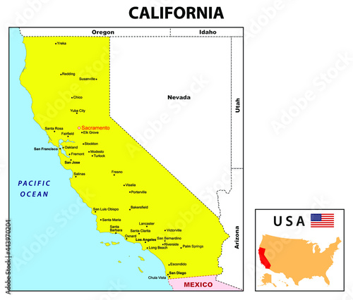 Major cities and boundaries in California.