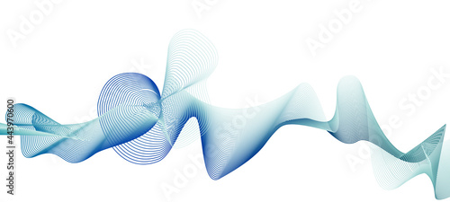 Dark blue, teal abstract squiggle. Subtle curves. Dynamic line art pattern. White background. Flowing wave, soft gradient. Vector creative design element. Technology concept. EPS10 illustration