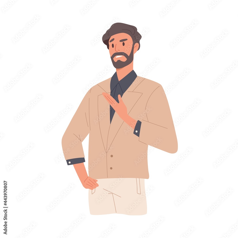 Man with annoyed and indignant face expression due to misunderstanding. Arrogant irritated businessman expressing negative emotion of neglect and mistrust. Flat vector illustration isolated on white Man with annoyed and indignant face expression due to misunderstanding. Arrogant irritated businessman expressing negative emotion of neglect and mistrust. Flat vector illustration isolated on white