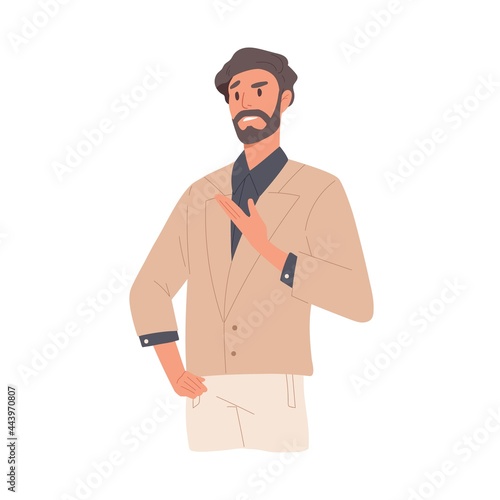 Man with annoyed and indignant face expression due to misunderstanding. Arrogant irritated businessman expressing negative emotion of neglect and mistrust. Flat vector illustration isolated on white