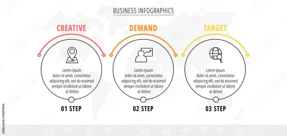 Business vector infographics with three line circles. Timeline visualization with 3 steps for diagram, flowchart, banner, presentations, web, content, levels, chart, graphic Business vector infographics with three line circles. Timeline visualization with 3 steps for diagram, flowchart, banner, presentations, web, content, levels, chart, graphic