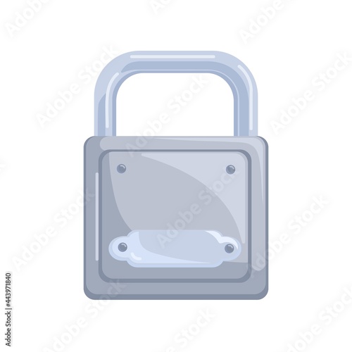 Hanging closed metal glossy padlock with locked strong steel shackle. Icon of secure access, safety and privacy. Realistic flat cartoon vector illustration isolated on white background