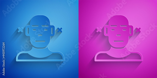Paper cut Deafness icon isolated on blue and purple background. Deaf symbol. Hearing impairment. Paper art style. Vector