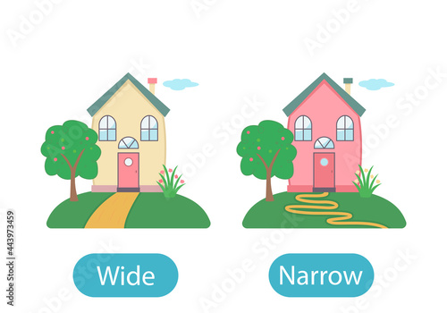 sweet home in cartoon style with a narrow and wide road. the concept of teaching children the opposite adjective and Narrow and wide.