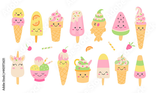 Ice cream party set. Cute ice creams cones and popsicles with fun faces. Kawaii cartoon style. Vector illustration.