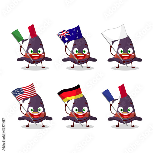 Witch hat cartoon character bring the flags of various countries
