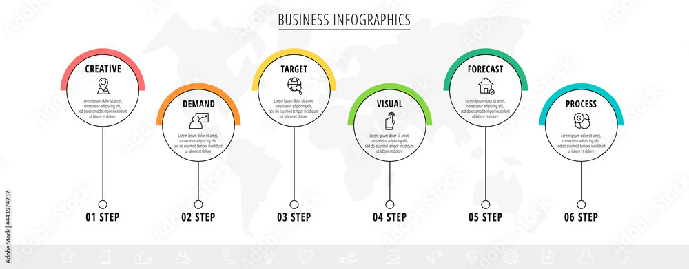 Naklejka premium Business vector infographics with 6 line circles. Timeline visualization with six steps for diagram, flowchart, banner, presentations, web, content, levels, chart, graphic