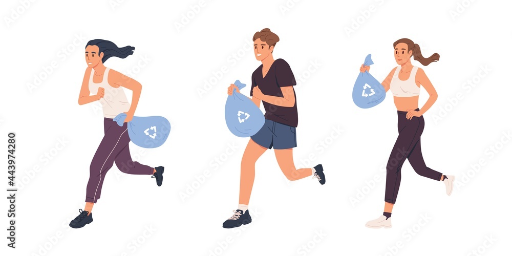 Plogging concept. Set of people running with bags and picking up litter. Men and women jogging and collecting garbage. Volunteers at eco activity. Flat vector illustration isolated on white background