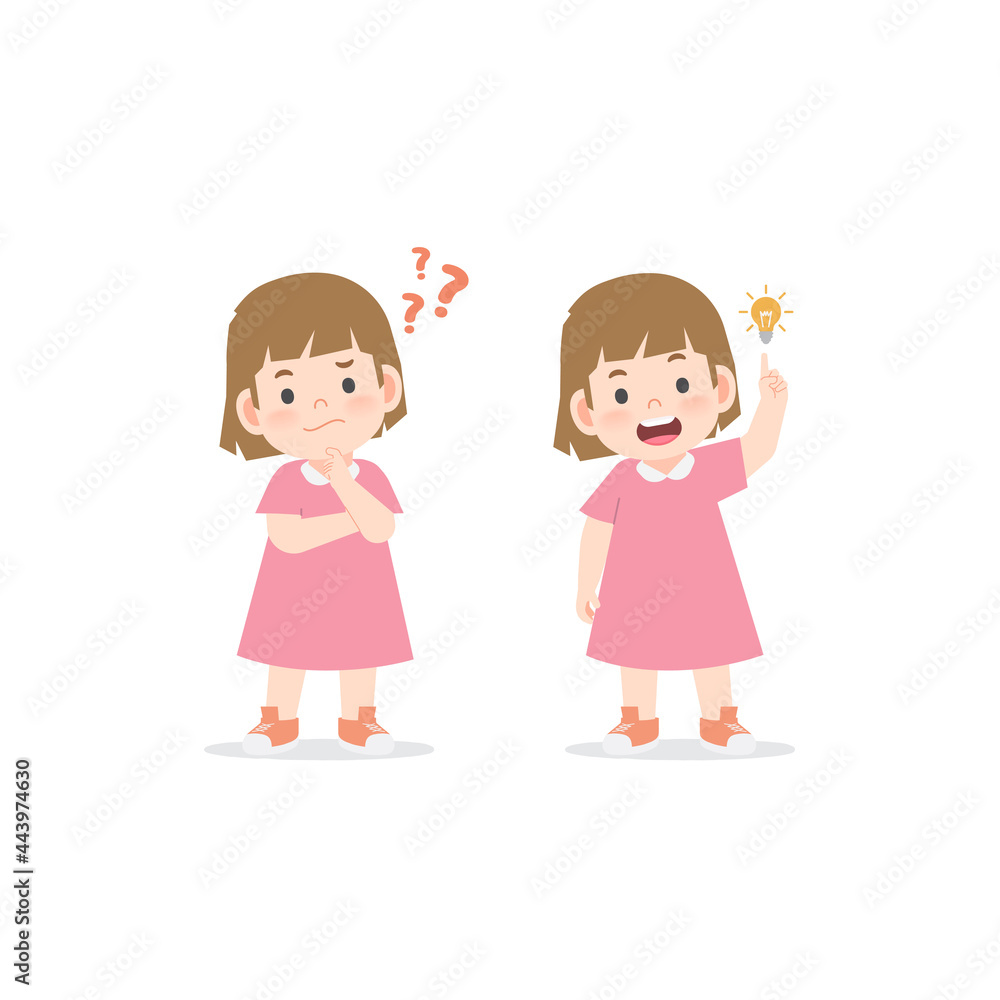 The girl was confused, wondered, had a problem, and tried to answer and The girl figured out the answer to the problem. illustration cartoon character vector design on white background. The girl was confused, wondered, had a problem, and tried to answer and The girl figured out the answer to the problem. illustration cartoon character vector design on white background.